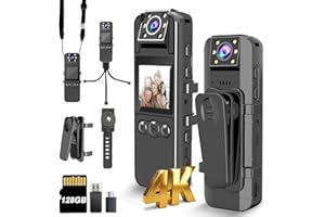 KSADBOSSBO Body Camera with Audio and Video Recording, Unltra 4K Body Cam with 180° Rotating Lens, 6HR Battery, IR Cut Auto Night Vision, 128GB Body Worn Camcorder Personal Civilians Police Law Enforcement