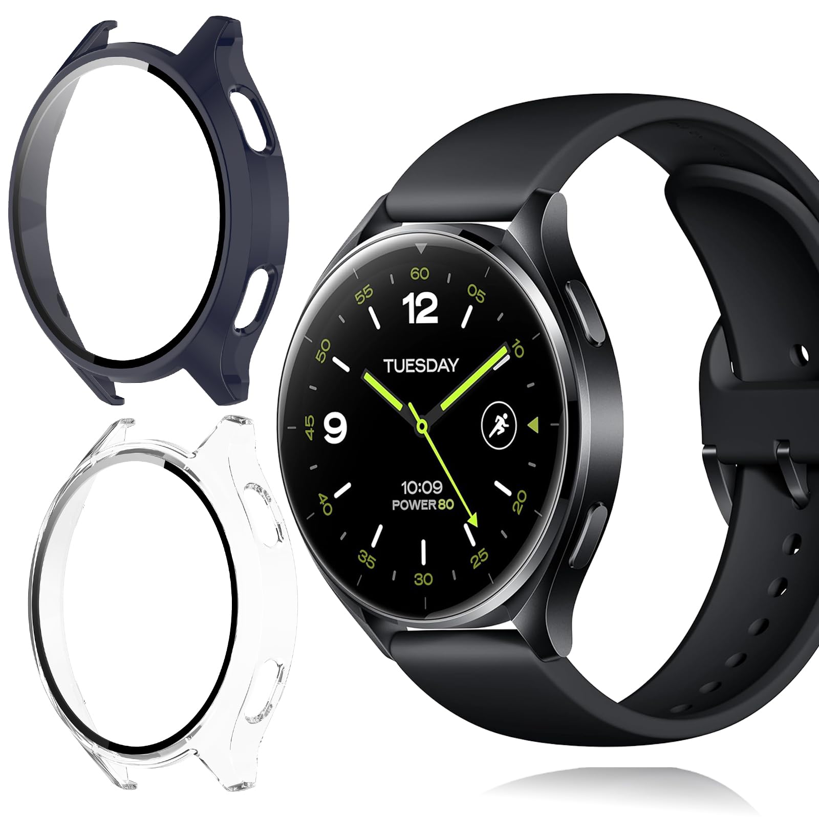 KUSINHOKA [2Pack] Case for Xiaomi Watch 2 Tempered Glass Screen Protector，PC Hard Case Tempered Glass Screen Protection Cover Slim Full Cover Scratch Proof Protector，Blue+Transparent