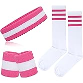 ONUPGO 5 Pieces Sweatbands Striped Socks Set Sports Headband Wristbands High Tube Socks 80s Accessories Costumes