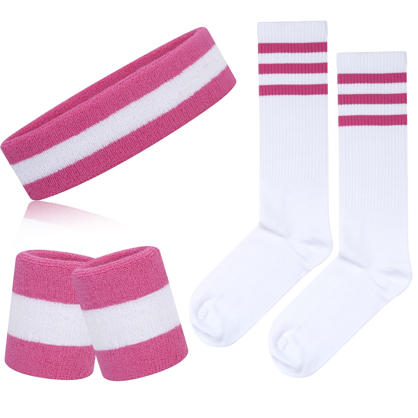 ONUPGO 5-Piece Striped Sweatbands & Socks Set - Sports Headband, Wristbands, High Socks for Men & Women - 80s Party (Striped Pink/White/Pink) — image 1