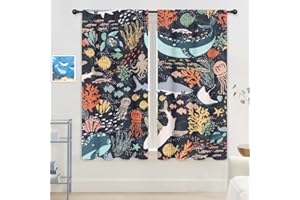Riyidecor Kids Fish Curtains Funny Shark Cartoon Sea Creature Ocean Whale Underwater Blue Turtle Seaweed Child Animal Rod Pocket Nature Cute Bedroom Living Room Treatment Fabric 2 Panels 42Wx63H Inch
