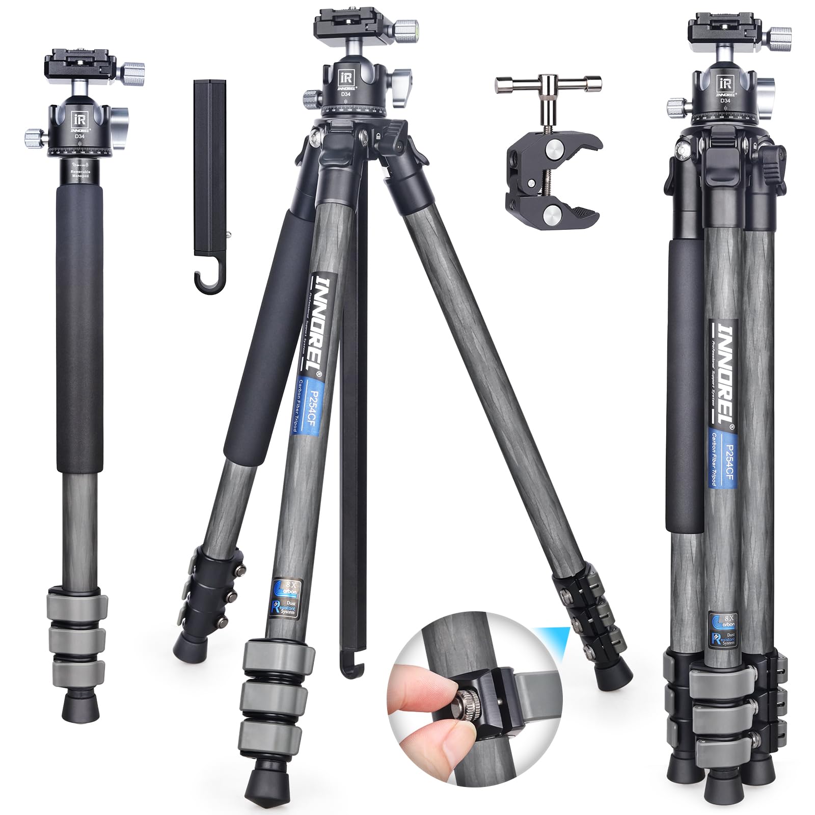 INNOREL P254CF 63" Carbon Fiber Travel Tripod, Professional Compact Tripod for DSLR Digital Camera Travel with Low Gravity Center Ball Head Center Column