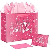 Jaywayang 12.6" Large Pink Happy Birthday Gift Bag with Greeting Card, Tissue Papers for Women Girls Kids Presents Wrapping.
