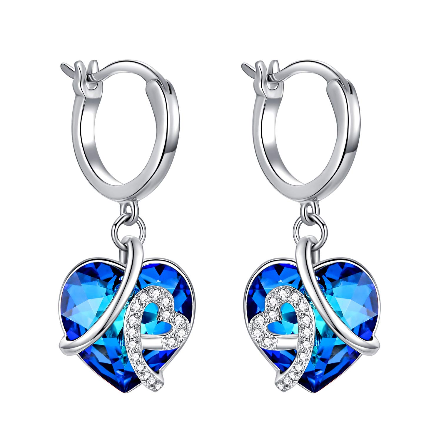 AOBOCO Hoop Dangle Earrings for Women 925 Sterling Silver Drop Earrings with Blue Heart Love Crystals Christmas or Birthday Birthstone Jewellery Gifts for Wife Girlfriend (Blue) — image 1
