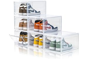 CKHXR Upgraded X-Large 6 Pack Clear Shoe Storage Organizer,Stackable Shoe Rack for Closet,Plastic Shoe Boxes with Magnetic Door,Shoe Containers For Sneaker Display,Fit up to US Size13