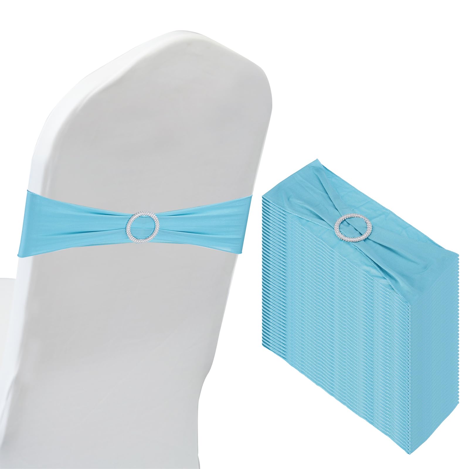 PATIKIL 14"x5" Stretch Chair Sashes Bows, 50 Pack Elastic Chair Bands Sashes with Buckle Slider for Wedding Banquet Decorations, Lake Blue
