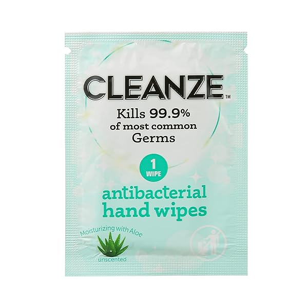 CLEANZE ANTIBACTERIAL HAND SANITIZING INDIVIDUAL HAND WIPE PACKETS, 50 UNSCENTED DISINFECTING HAND SANITIZER WIPES WITH ALOE FOR TRAVEL, KILLS 99.9% OF GERMS