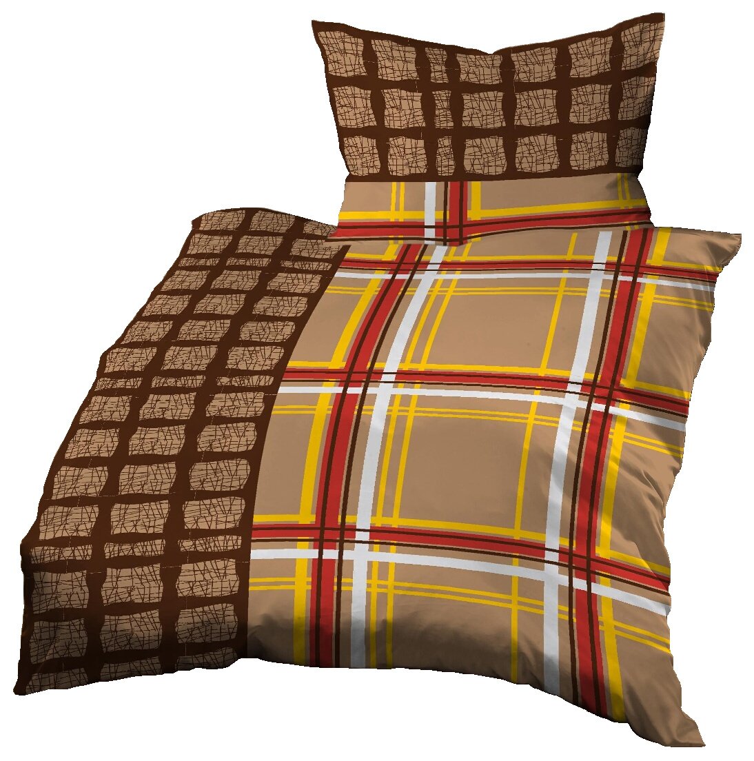 Gerald Wittmann Microfibre Duvet Cover Set, Single Bed, Checkered Brown Red Yellow White, 140x200 cm + 70x90 cm
