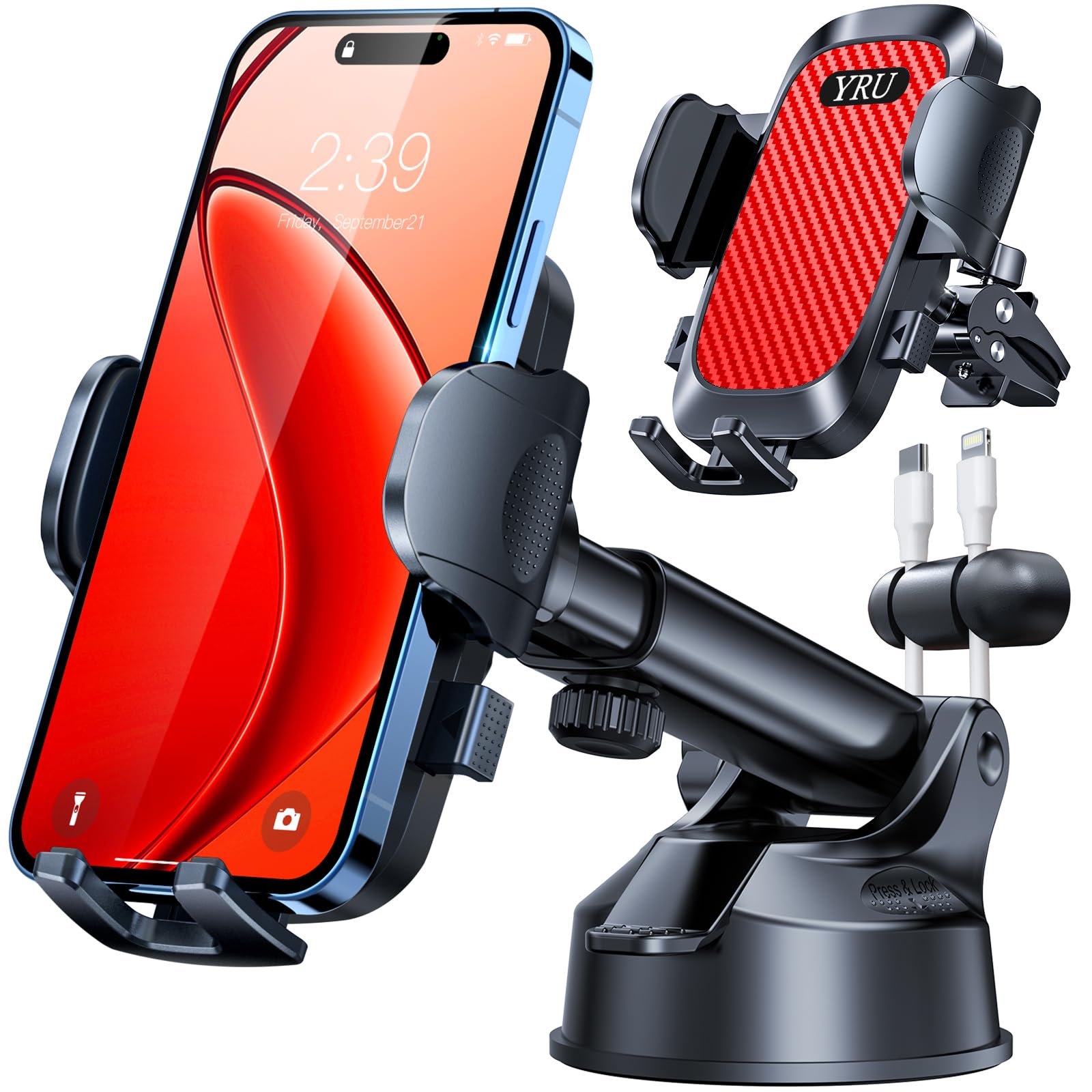 YRU[True Upgrade for Safety Car Phone Holder Mount [Patent & Military-Grade] Dashboard Cell Phone Holder for Car Vent Windshield Phone Stand for iPhone 17 16 15 14 13 Pro Max Truck Samsung, Light Red