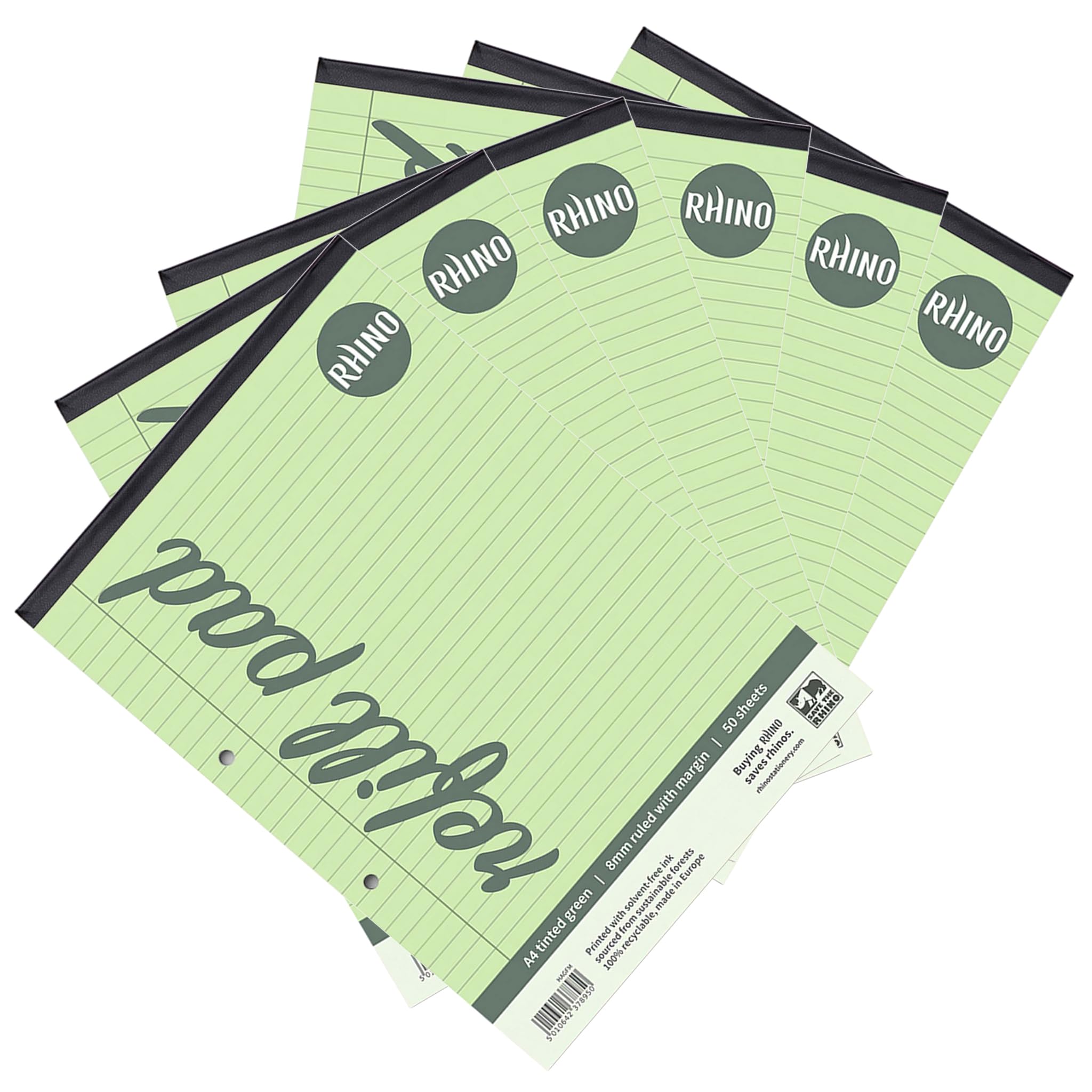 RHINO A4 Refill Pad, Writing Pad, 100-Page / 8mm Lined with Margin, 6-Pack, Green Lined Writing Paper for Dyslexia & SEN, Office & School Stationery Supplies