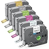 Unismar 6-Pack Compatible for Brother P Touch TZe-231 TZe TZ Label Tape 12mm 0.47 Laminated Colored for Ptouch PT-D210 D220 H110 D400 D410 Label Maker, White/Blue/Pink/Lime Green/Silver/Gold