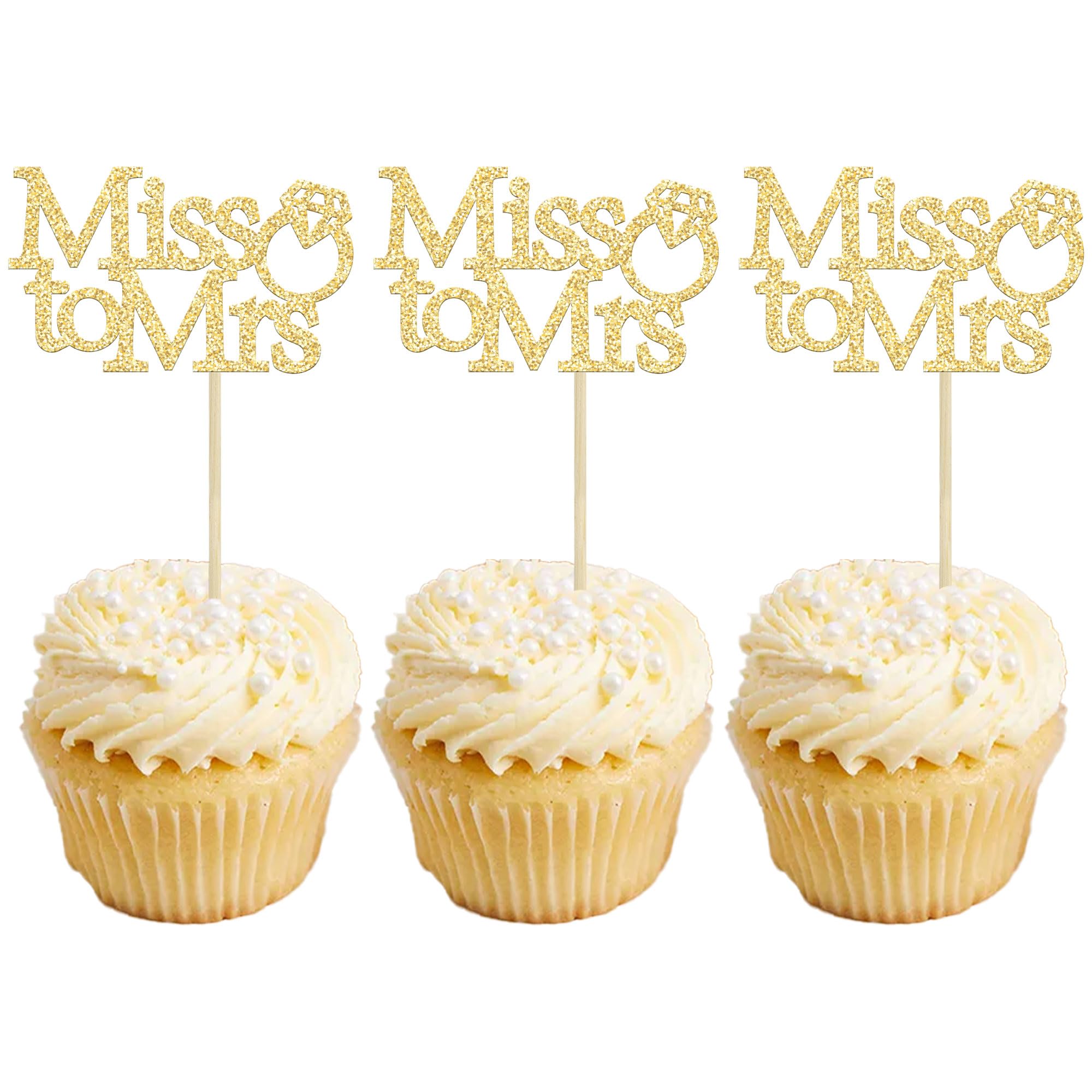 Gyufise 24Pcs Miss to Mrs Cupcake Toppers with Ring Bridal Shower Cupcake Picks Decorations for Wedding Engagement Birthday Party Cake Decorations Supplies Gold