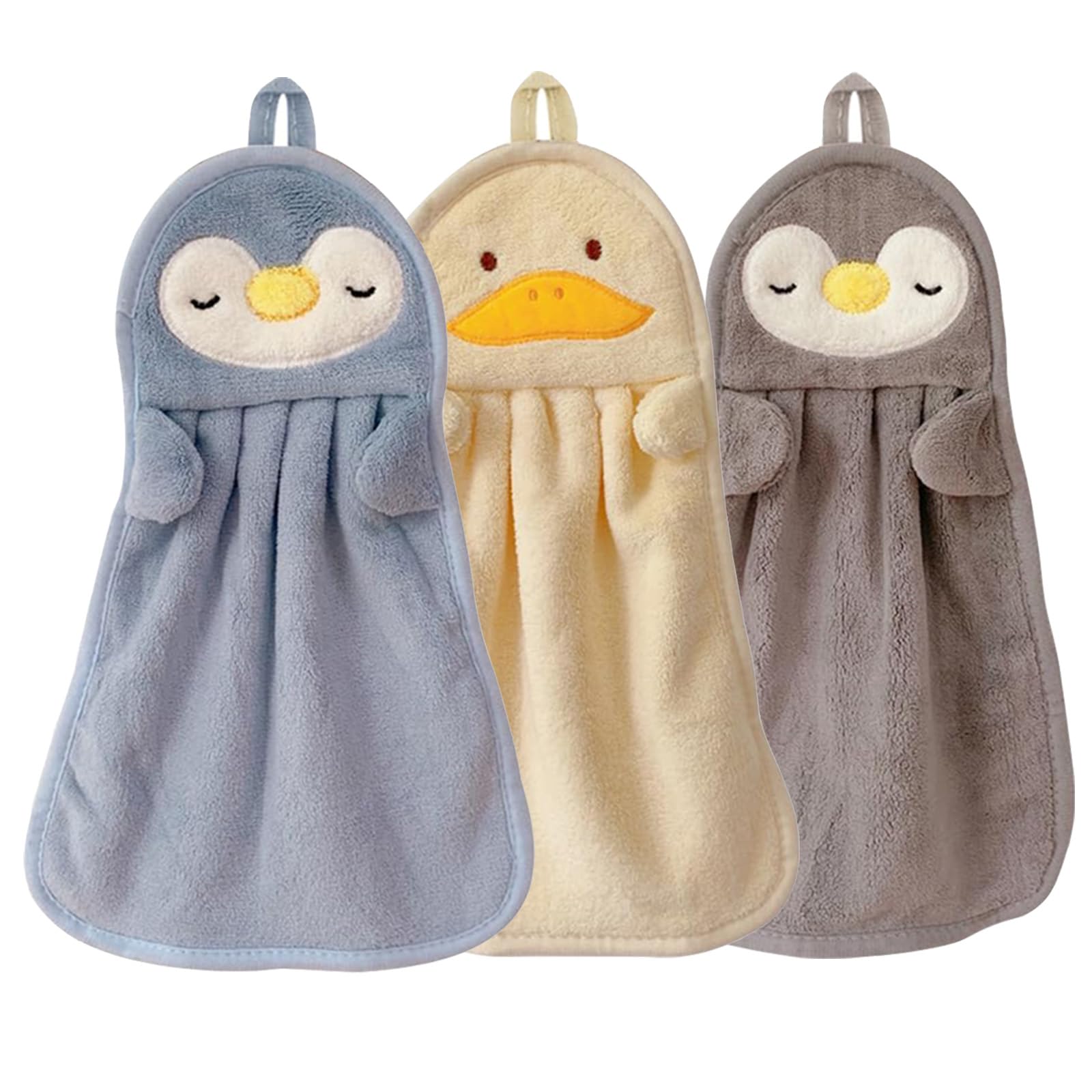 Qinsky Cute Animal Hand Towels, 3Pcs Soft Coral Fleece Microfiber Hand Towels, Super Absorbent, Quick Dry, Blue, Grey, Yellow