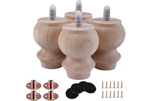 Txcucc 3 Inch Wooden Unfinished Bun Feet for Dresser Legs Couch Sofa Cabinet Ottoman DIY Replacement Wood Furniture Legs Set of 4 M8 Bolt Screw in (3”)