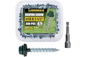 LIONMAX Metal Roofing Screws #10 × 1-1/2 Inch, 300-PCS, Forest/Ivy Green Baked Coating Hex Head Sheet Metal to Wood Siding Screw with Rubber Washer, Sharp Point, Hex Socket Included