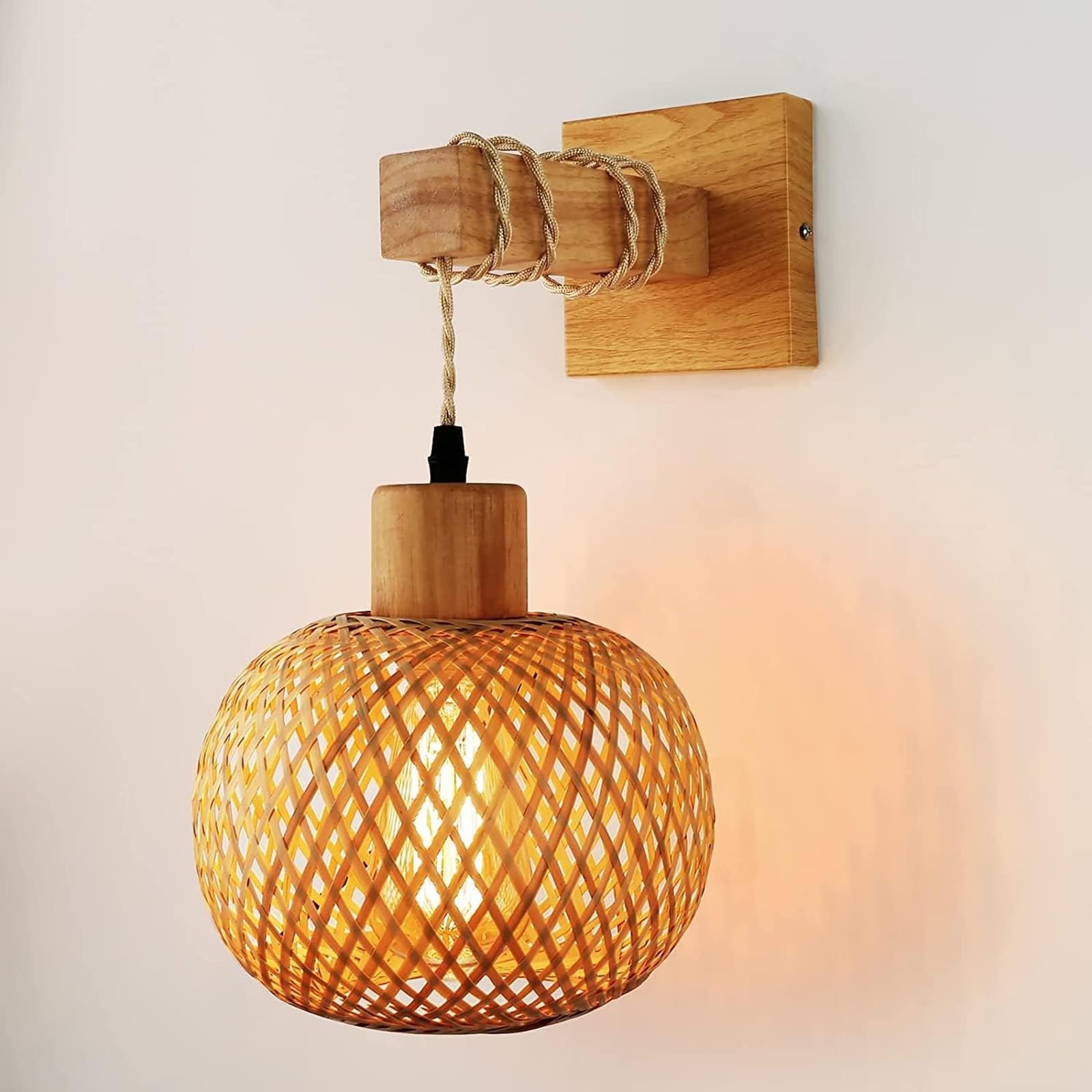 Retro Indoor Wall Lamp, E27 Vintage Wooden Wall Light with Rattan Lampshade, Cage Wall Sconce Lighting for Living Room, Bedroom, Corridor, Dining Room, Max 60W (Without Light Bulb)