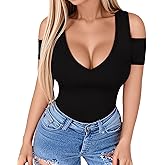 HERLOLLYCHIPS Women Tops Summer Deep V Neck Short Sleeve Cold Shoulder Slim Fit Casual Sexy Tees T-Shirts