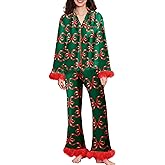 NUFIWI Womens Cozy Pajamas Feather Trim Satin Pajama Set Long Sleeve Button Top Santa Pj 2Piece Lounge Holiday Sleepwear
