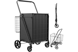 Foldable Shopping Cart with Waterproof Bag, 360° Swivel Wheels & Double Basket, 300lbs Capacity Shopping Cart for Groceries, 