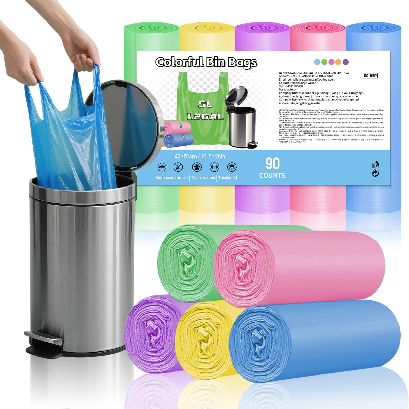 Photo 1 of 1.2 Gallon Small Trash Bags, 5L Mini Garbage Bags with Handles, Colourful Bathroom Bin Liners for Bedroom, Office Desk & Wastebasket, 90 Count