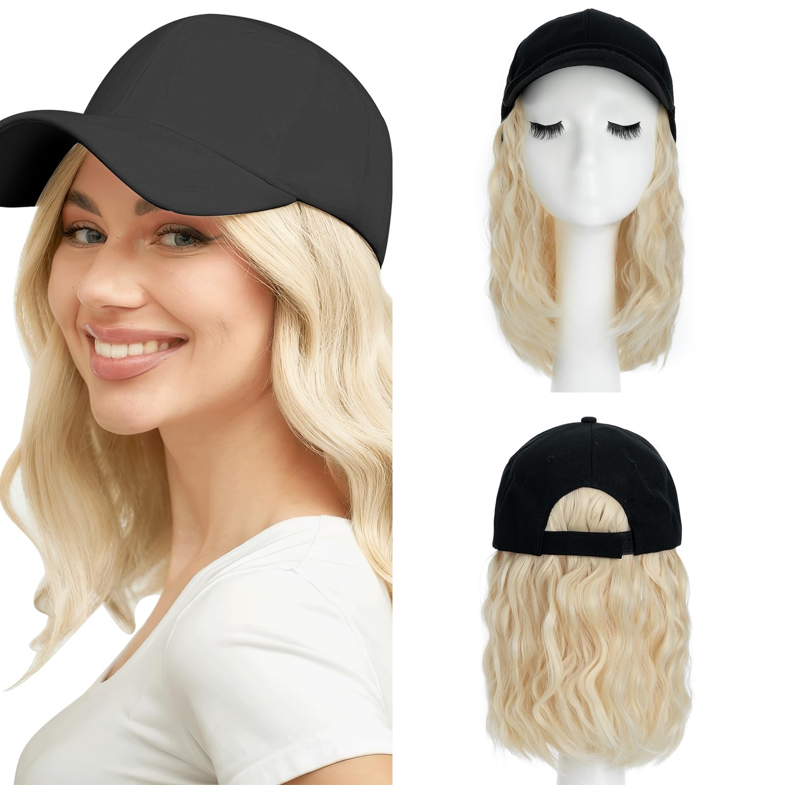 8 Inch Baseball Cap With Hair Extensions BOB Synthetic Hair With Attached Black Hat With One Piece Hair Extensions For Women - Bleach Blonde — image 1