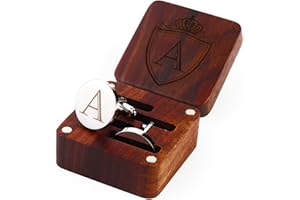 PROPHET CLUE PC Mens Initial Silver Cufflinks A-Z Alphabet Letter Steel Cuff Links with Engraved Walnut Wood Box Groom Groomsman Wedding Set…