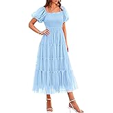 PRETTYGARDEN Women's Smocked Midi Tulle Dress 2026 Summer Puffy Short Sleeve Square Neck Ruffle Wedding Guest Party Dresses