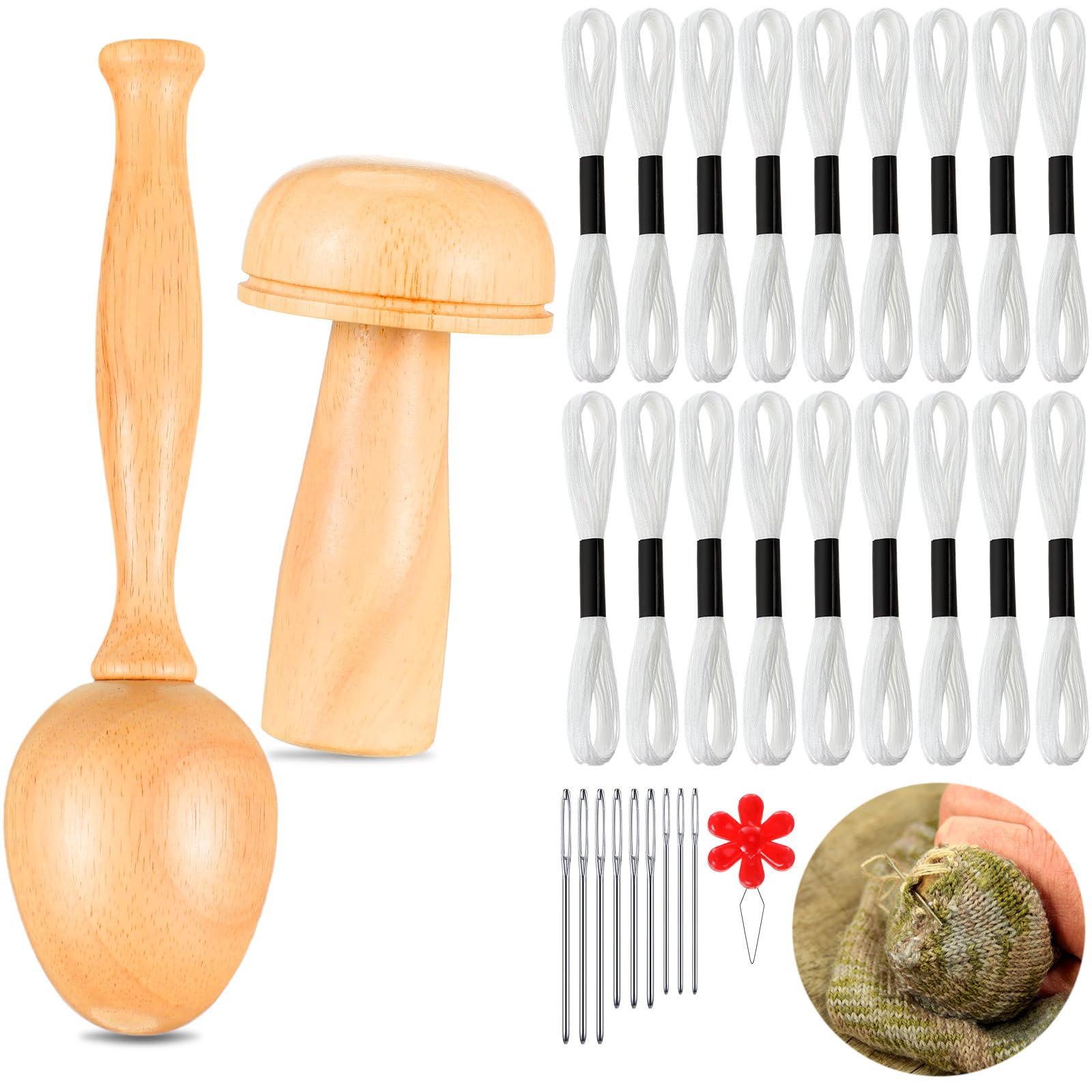 Photo 1 of Crowye 2 Pcs Darning Supplies Kit Wooden Mushroom Darning Egg for Socks with Large Eye Needles Sewing Threads for Socks Clothes Adults DIY Home Sewing Care(White)