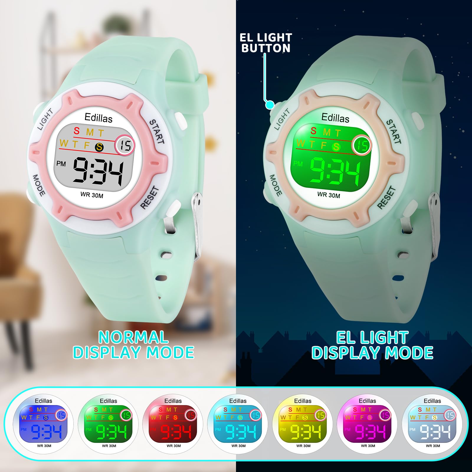 Edillas Kids Watches Digital Girls Boys,7 Colors Light Wristwatch for Child Waterproof Sport Outdoor Multifunctional with Stopwatch/Alarm for Ages 4-15 Green