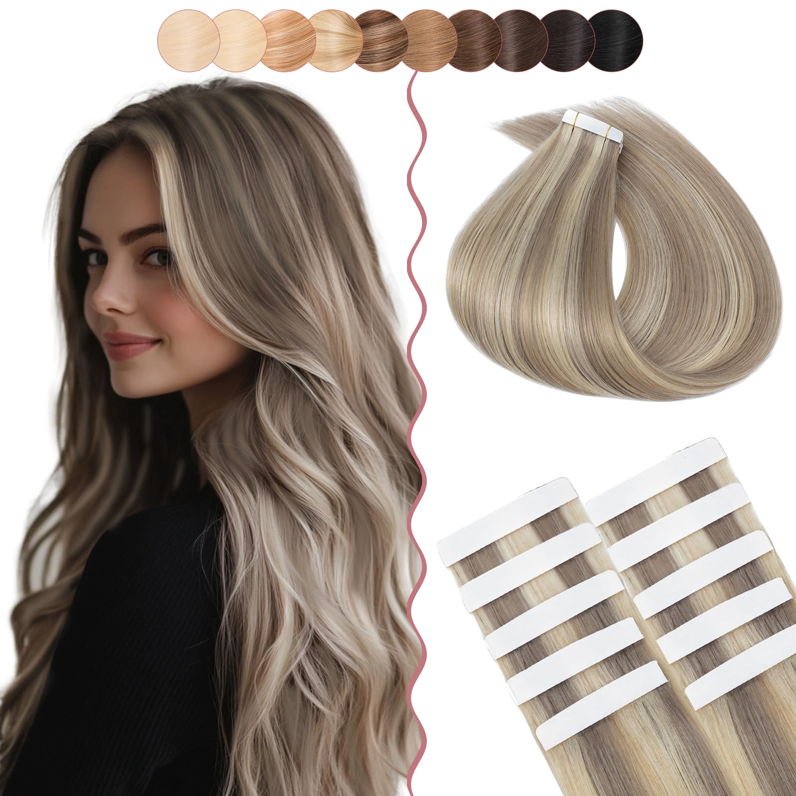 18" 10 PCS Tape Hair Extensions Human Hair #18/613 Ash Blonde&Bleach Blonde (15g)