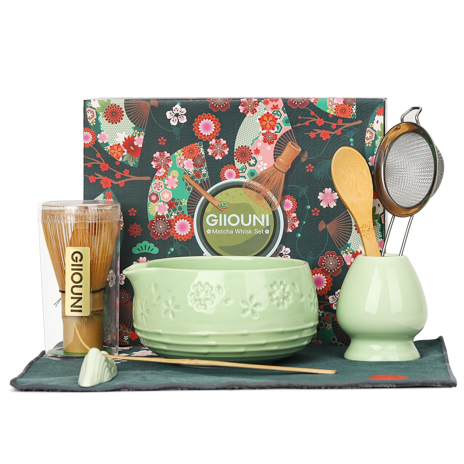 Giiouni Matcha Whisk Set, Ceramic Bowl with Spout, Bamboo Matcha Whisk & Spoon, Chasen Holder, Scoop Rest, Sifter, 8-Pcs Japanese Ceremony Matcha Powder Kit–Valentine's Day Gift for Women-Mint
