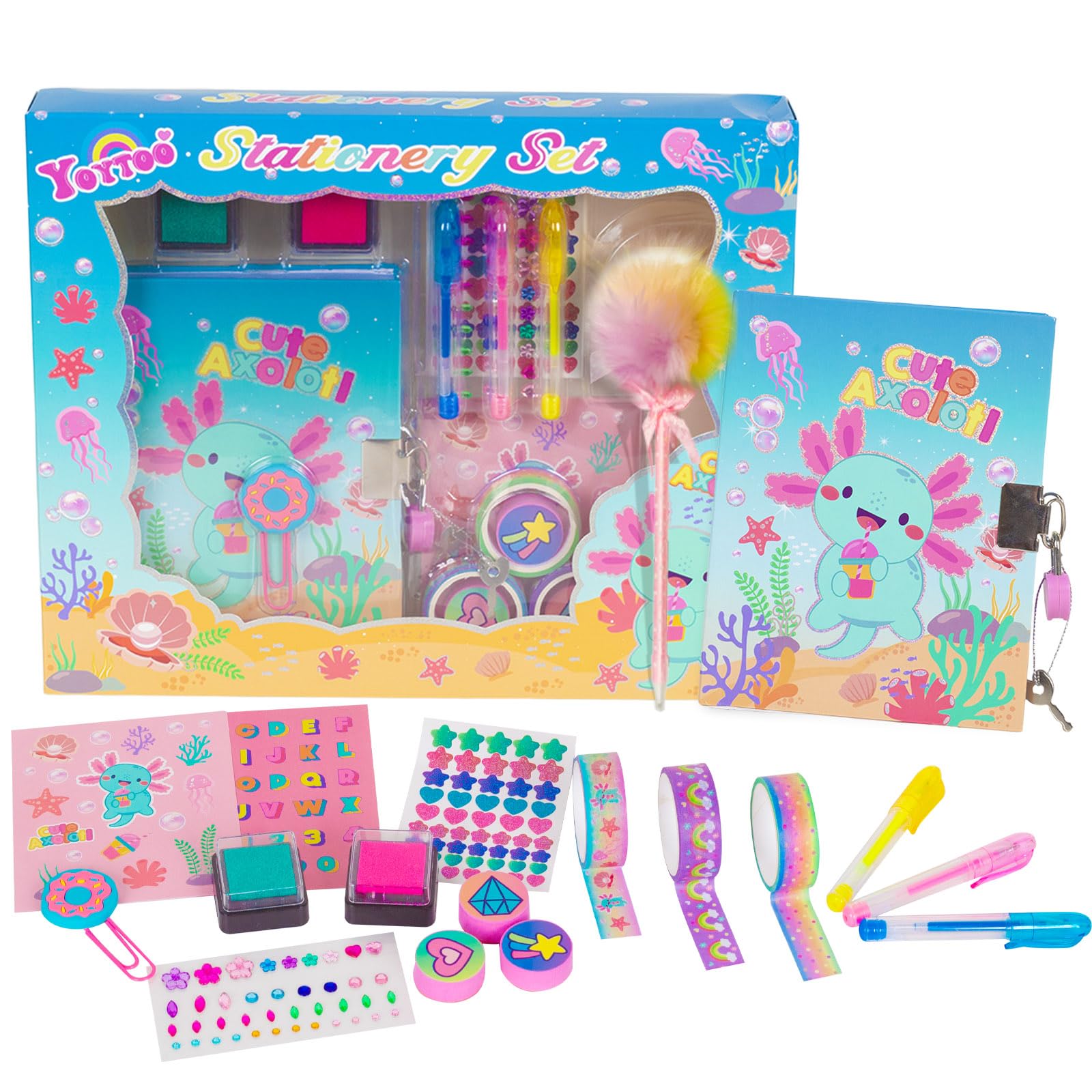 Pinkgarden Diary for Girls with Lock & Keys - Stationery Set with Journal, Pompon Pen, Stamps, Stickers, Ideal Birthday Gift for Girls Aged 4-12 Year Old (Axolotl Diary Set)