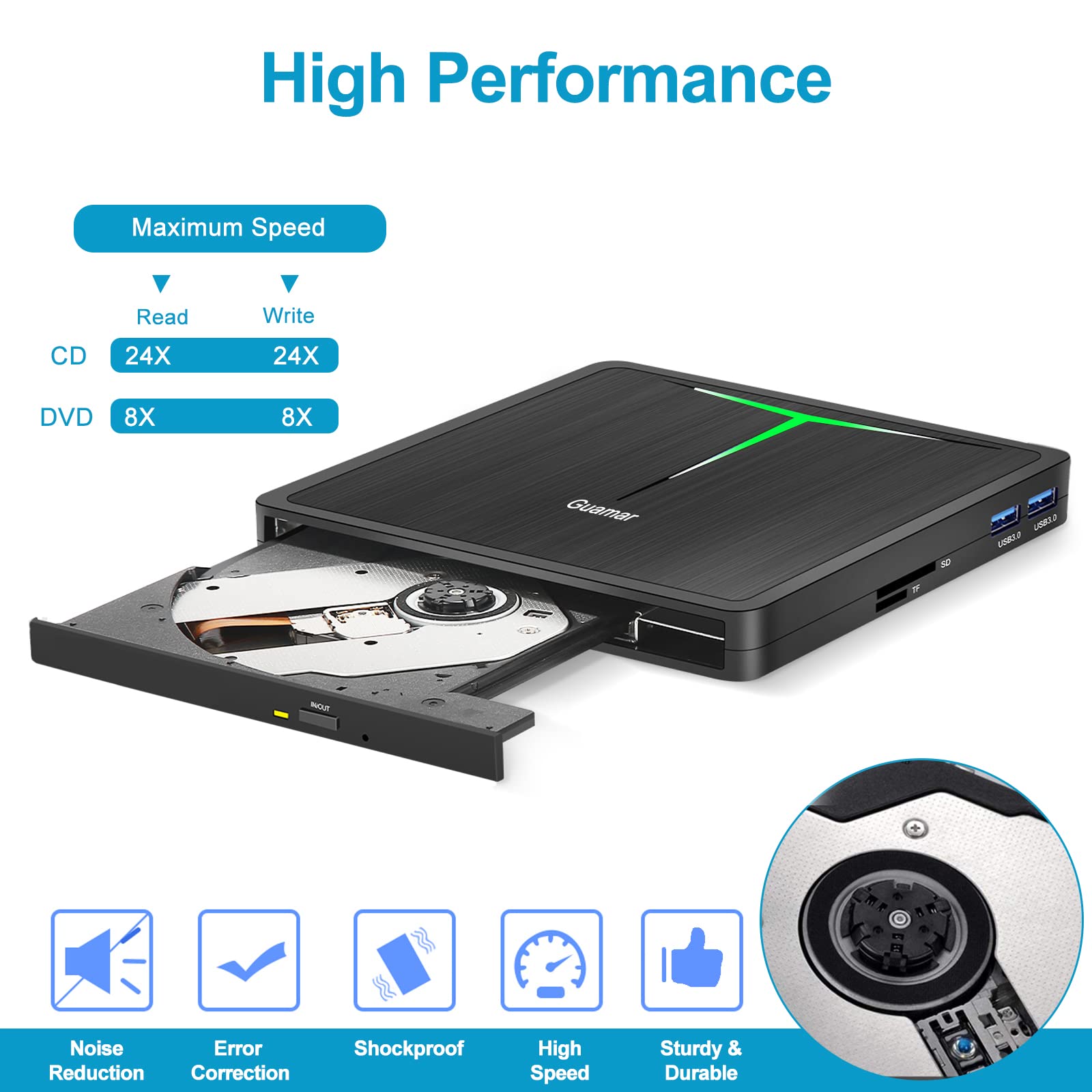 Guamar External CD DVD Drive, USB 3.0 Type-C CD/DVD ROM +/-RW Player Burner Reader Writer with SD/TF Slot & 2 USB/Carrying Case, Portable Optical Disc Drive for Laptop PC Desktop Windows Mac Linux