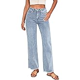 LookbookStore Wide Leg Jeans for Women Trendy High Waisted Straight Leg Frayed Hem Baggy Stretchy Denim Trousers Pants