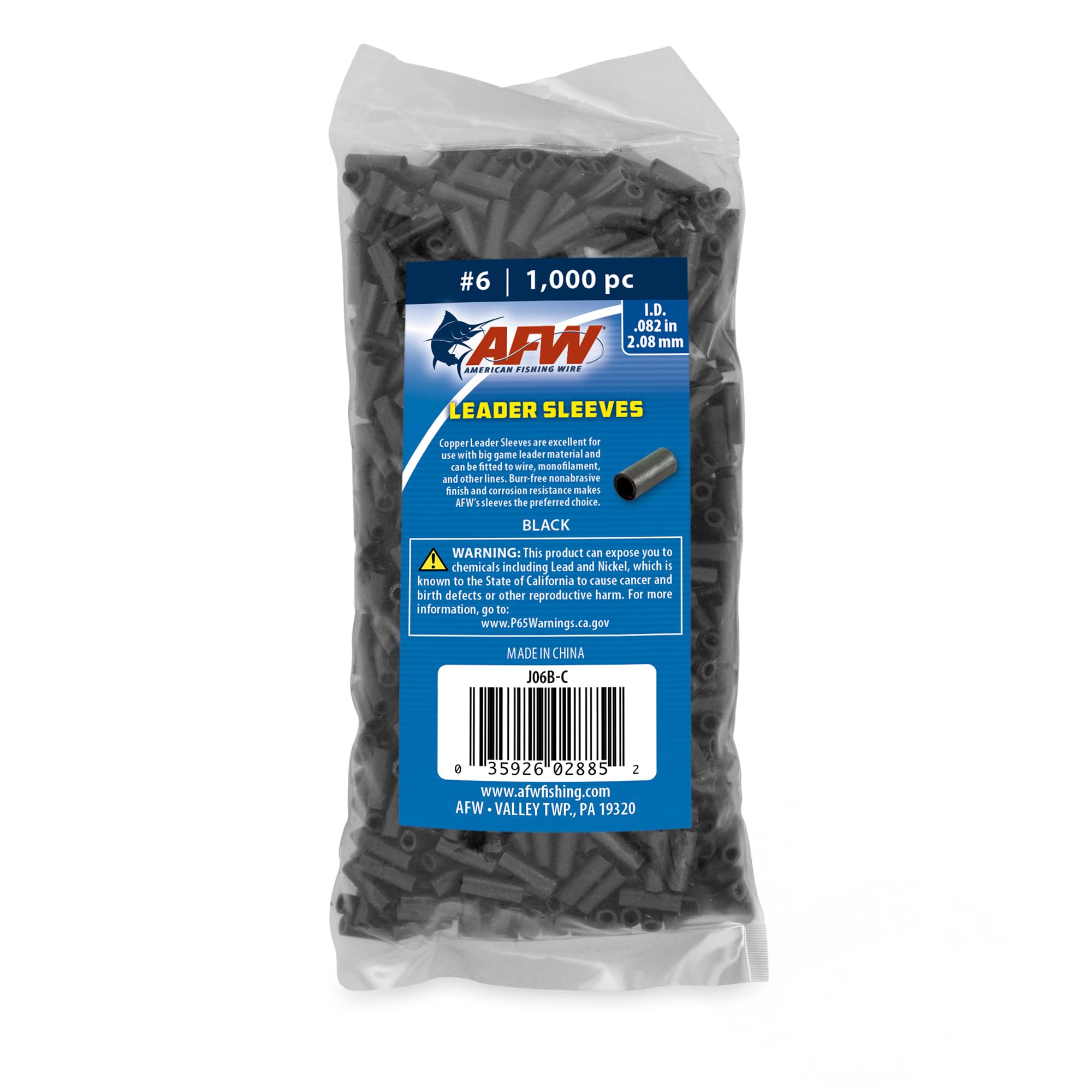 American Fishing Wire Single Barrel Crimp Sleeves, Black Color, Size 6, 0.082 -Inch Inside Diameter, 1000-Pieces