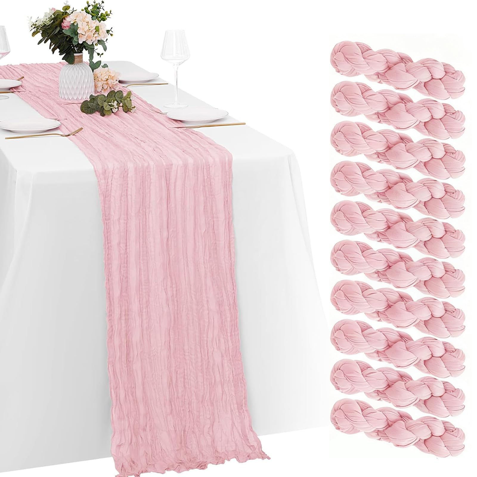 Photo 1 of 10 Pack Pink Cheesecloth Table Runner 120 Inch 10 FT Boho Gauze Cheese Cloth Long Table Runner Romantic Rustic Sheer Runners for Wedding Baby Shower Home Decor Holiday Decorations