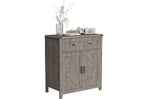 Homnso Buffet Cabinet with Drawers, 30" Large Sideboard Buffet Storage Cabinet with Shelves and Doors, Modern Farmhouse Coffee Bar Station Wood Kitchen Table for Kitchen, Dining Room, Grey