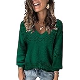 FEKOAFE Womens Sweaters 2026 Fall V Neck Long Sleeve Hollow Knit Pullover Sweaters for Women