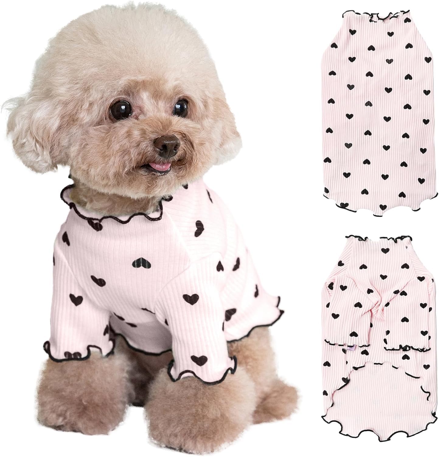 Yaopelky Pet Clothes for Small Dogs Cat Summer Fall Heart Print Shirt Stretchable Ruffle Long Sleeve Outfits for Chihuahua Schnauzer Shih Tzu Yorkie (Pink, XS)