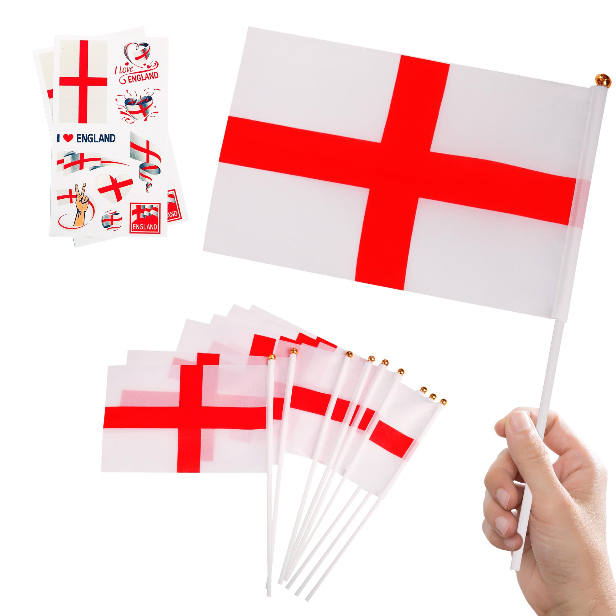 10pcs Small England Flags on Sticks & 2pcs Temporary Tattoos, Mini St Georges England Cross Hand Held Flags on Sticks for Euro Football 2024 Sports Events Celebration Party Decorations — image 1
