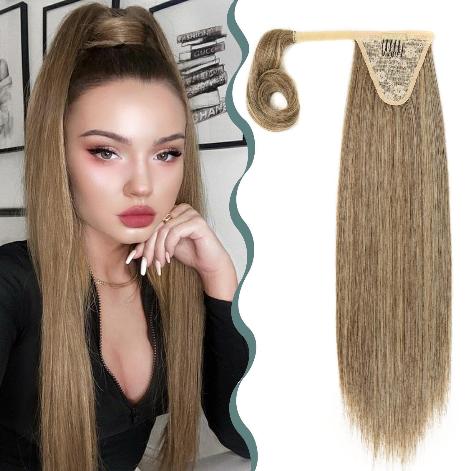 BHF Hair Extensions - Clip In Hair Extensions Wrap Around Ponytail Extension Long Straight Ponytail Hairpiece Fluffy Synthetic Fiber Fake Ponytail for Women Girls（Mixed Bleach Blonde 22'' 130g）
