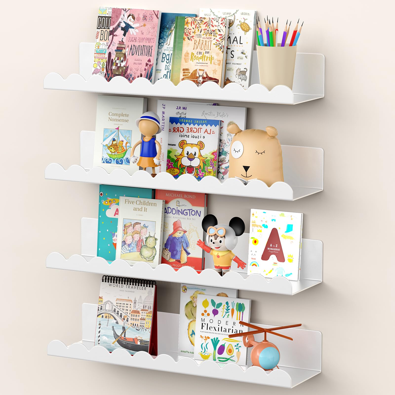 Photo 1 of Gattlukd Nursery Book Shelves, 17 Inch White Metal Floating Shelves for Wall 4 Pack, Wall Mounted Book Shelf for Kids Room, Bedroom, Bathroom, Playroom Decor