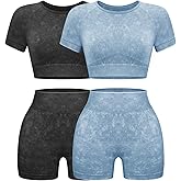 OLCHEE Womens Workout Sets 2 Piece - Seamless Acid Wash Yoga Outfits Shorts and Crop Top Matching Gym Athletic Clothing Set