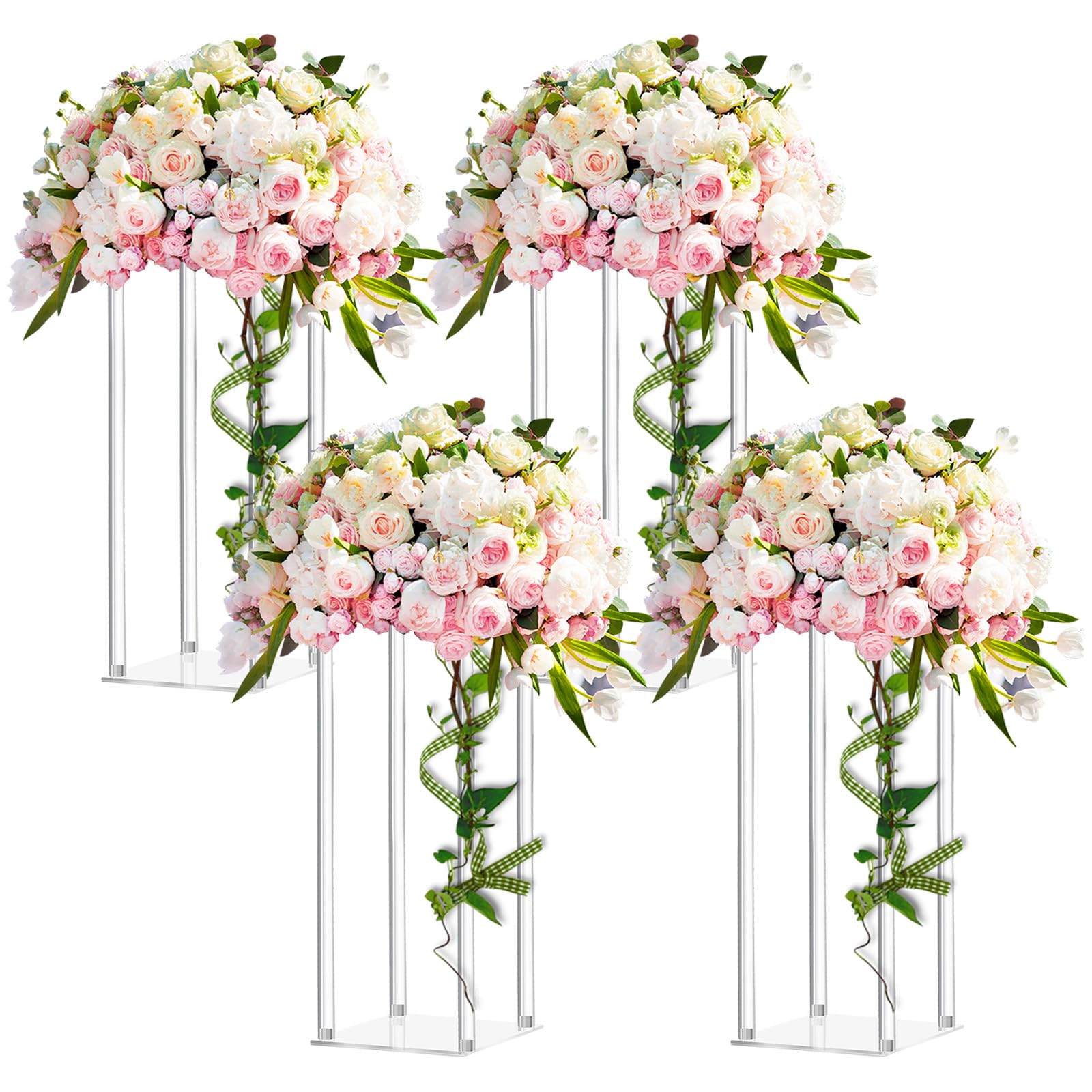 Photo 1 of Geetery 4 Pieces Tall Acrylic Vase Wedding Centerpieces Clear Flower Stand Column Geometric Floral Vase Elegant Display Holder for Birthday Party Wedding Table Decorations (16 Inch)