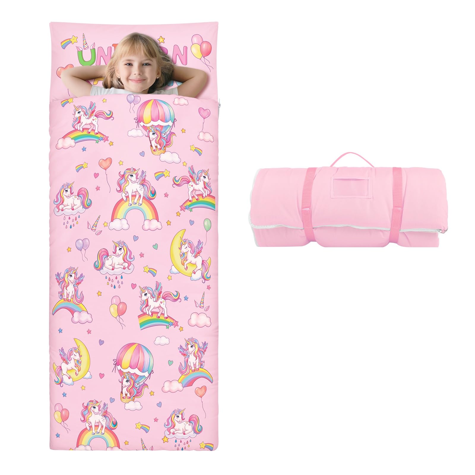 Kids Sleeping Bag-Pillow,Mat and Blanket Included-Comfy Nap Mat for Toddlers Girls,All-In-One Sleepover Bag for Travel Nursery,Gift for Birthday Christmas,Unicorn