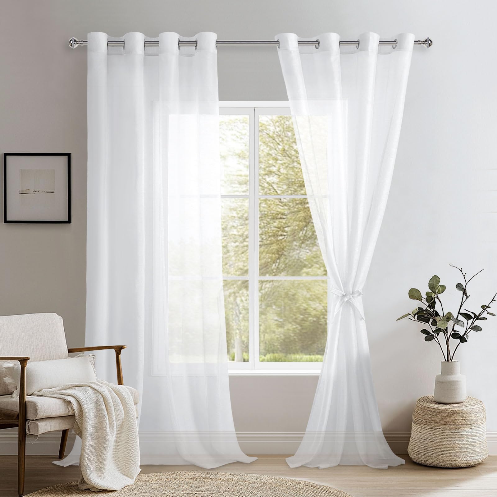 DWCN Sheer Voile Curtain with Eyelets Short Sheer Curtains White Curtain Transparent White 240 x 132 cm (H x W)
