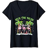Womens Deck The Palms Flamingo Tropical Christmas Lights Palm Tree V-Neck T-Shirt