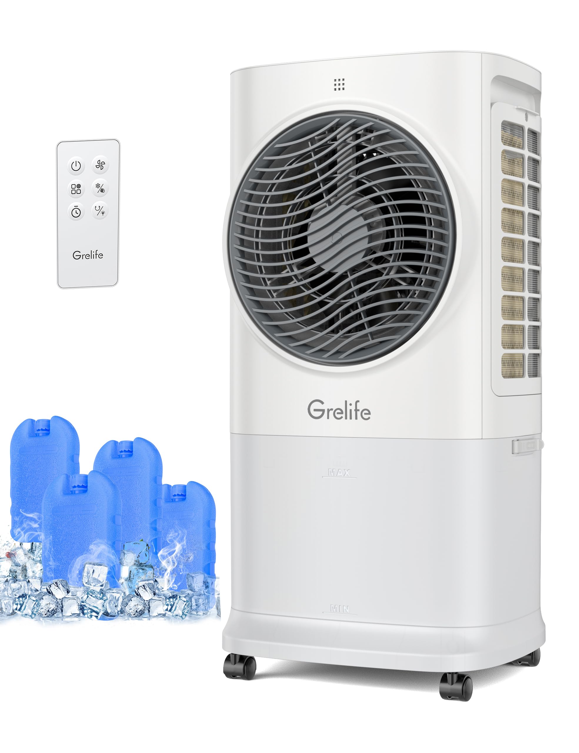 Photo 1 of (PARTS) (FAN IS NON-FUNCTIONAL) Grelife Portable Evaporative Air Cooler, 3-IN-1 Air Cooler Cooling Fan with Remote Control, 8H Timer, 4 Ice Packs, 6.5L Water Tank, 3 Modes, 3 Speeds, Personal Swamp Cooler for Bedroom