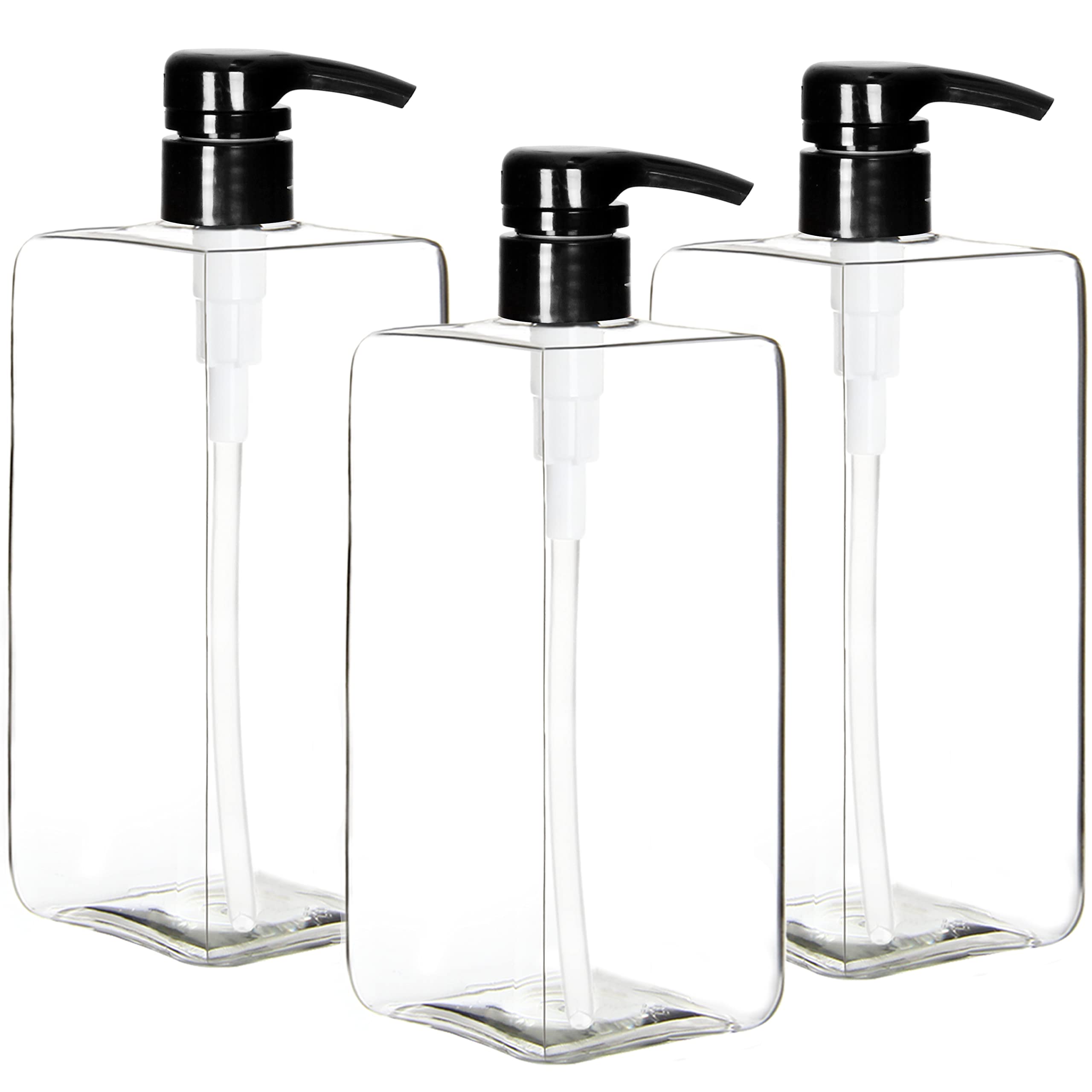 Youngever 3 Pack 1000ML Pump Bottles (1 Liter), Empty Shampoo Pump Bottles, Plastic Square with Lockdown-Leak Proof-Pumps (Black Pump)