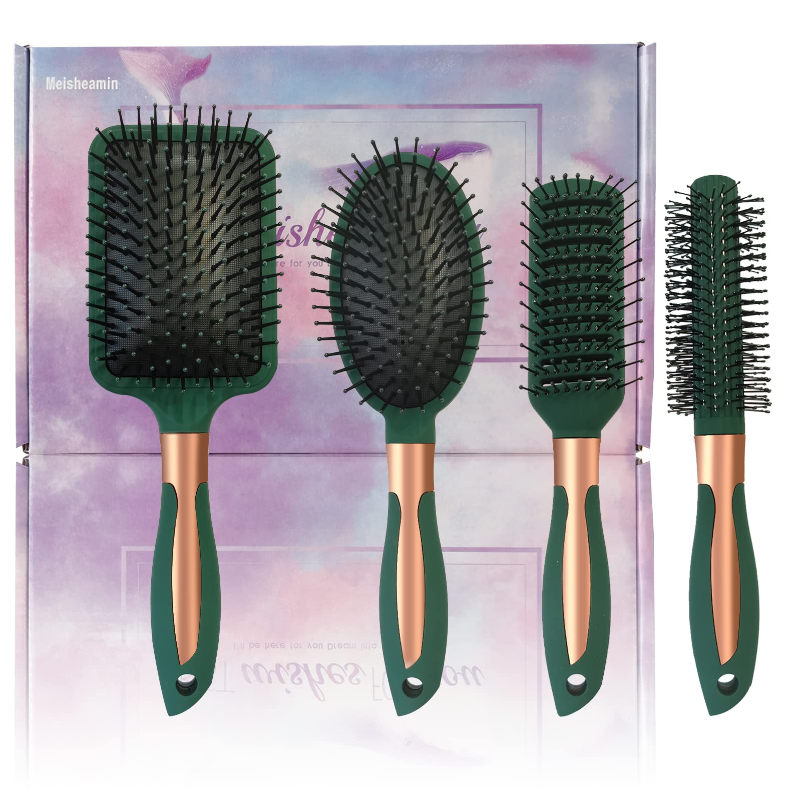 4 Pcs Hair Brush Set,Anti Static Massage Oval Comb,Detangling Brush Round Brush Vent Hair Brush,Flexible Soft Pin Bristles for Long Thick Curly Wavy Dry Damaged Hair